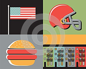 Vector illustration icon set of USA: flag, football, eagle, house