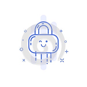 Vector illustration of icon shopping concept web protect in line style. Linear blue lock with cute smile.