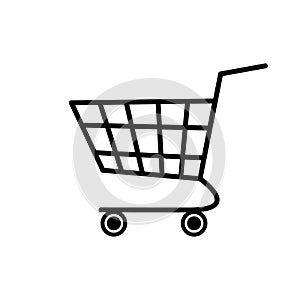 Vector illustration icon of steel shopping cart on wheels. Supermarket online store e-commerce symbol