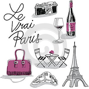 Vector illustration of iconic paris objects and activities