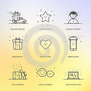 Vector illustration of icons set shopping commerce, marketing, business concept in line style.