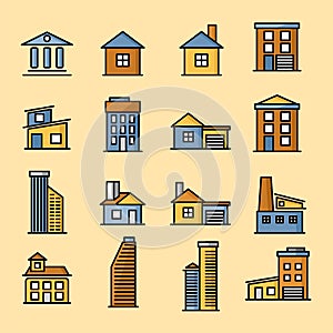 vector illustration of icons of various simple buildings