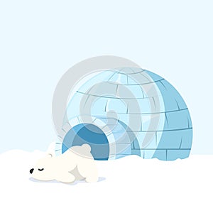 Vector illustration of Igloo on snow ground with baby polar bear. Ice dwelling of the Eskimos