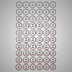 Vector illustration, increments from 1 to 60 seconds, Stopwatches set 2.