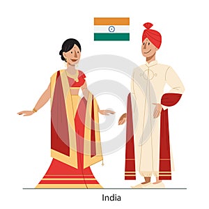 Vector illustration of India citizen in national costume with a flag.