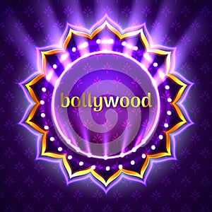 Vector illustration of Indian bollywood cinema sign board, neon illuminated banner with golden logo on violet background