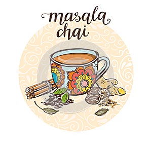 Vector illustration with indian hot beverage Masala chai and its ingredients