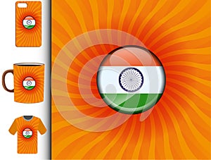 Vector illustration of Indian tricolor flag in the form of a button on a starburst