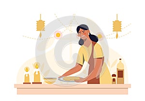 Vector Illustration of an Indian woman cooking in a kitchen with traditional elements