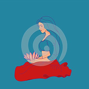 Vector illustration of Indian woman in traditional clothes sari and dupatta with lotus