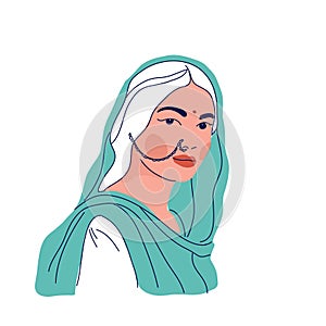 Vector illustration of Indian woman in traditional clothes sari and dupatta with lotus