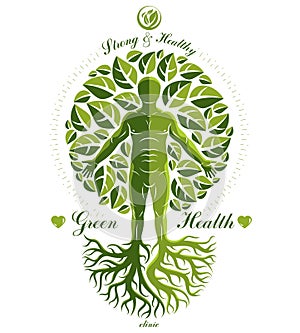 Vector illustration of individual, mystic character composed with tree roots and leaves.