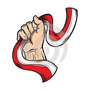 Vector Illustration of indonesian Independence Day. Hands with indonesian flags. Vector of the national flag of indonesia