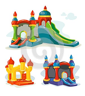 Vector illustration of inflatable castles and children hills on playground