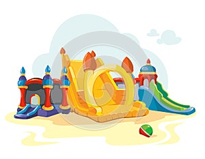 Vector illustration of inflatable castles and children hills on playground