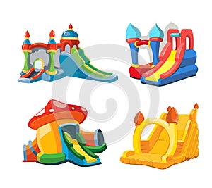 Vector illustration of inflatable castles and children hills on playground