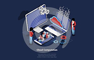 Vector Illustration With Infographic Of Cloud Computation Concept. 3D Isometric Art Of Computer Screen, Laptop And