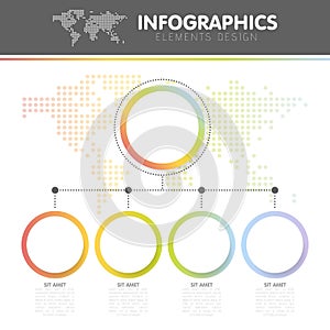 Vector illustration of the infographics with the dotted world map with the four circles with steps