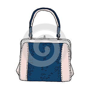 Vector illustration from ink hand drawn sketch of a hand bag colored in pastel pale pink and indigo blue color blocks of