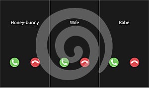 Vector illustration with the inscription: Babe, Wife, honey-bunny caller. Phone interface with two icons accept or reject a call