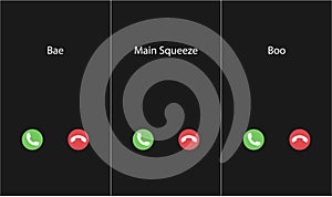 Vector illustration with the inscription: Boo, bae, main squeeze caller. Phone interface with two icons accept or reject a call