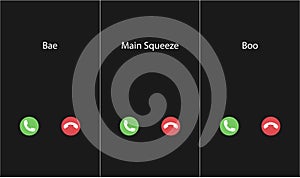 Vector illustration with the inscription: Boo, bae, main squeeze caller. Phone interface with two icons accept or reject a call photo