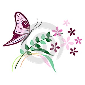 Vector illustration of insect, violet butterfly, flowers and branches with leaves, isolated on the white background