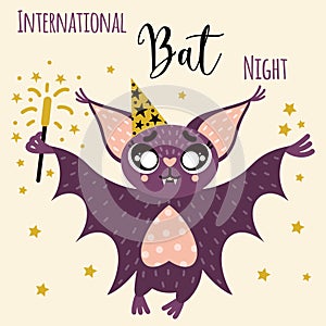 Vector illustration of International Bats Night. A friendly bat in a festive cap holds a sparkler. Cute nocturnal predator. Kind