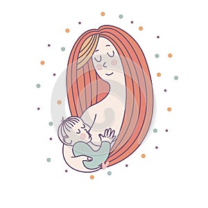 Vector illustration for international breastfeeding week. The baby sucks the mother`s breast. Linear illustration