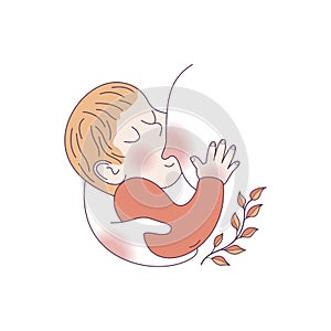 Vector illustration for international breastfeeding week. The baby sucks the mother`s breast. Linear illustration