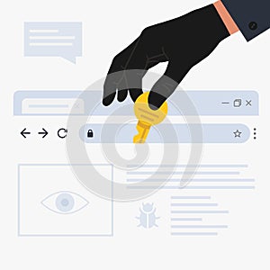 Vector illustration of Internet hacker attack and personal data security concept. Hacker hand steals computer passwords