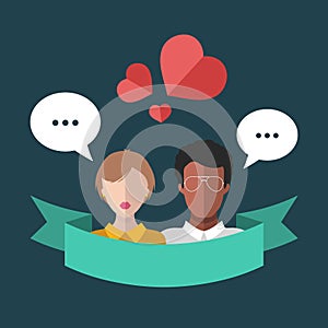 Vector illustration of interracial couple with speech bubbles and hearts in flat style. Illustration of online dating.