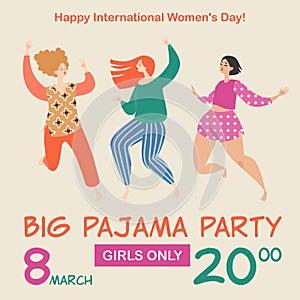 Vector illustration for invitation card or banner for pajama party with three funny girls