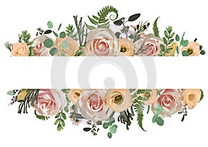Vector illustration invitation, invite card. Pink rose flowers, eustoma cream, brunia, green fern, eucalyptus, branches buxuss on