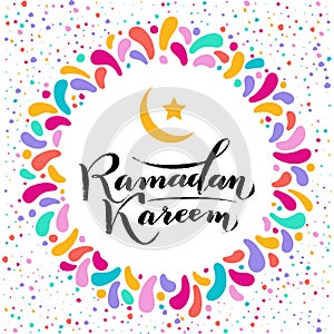 Vector illustration. Islamic Ramadan Kareem greeting gold lettering text, moon, festive colorfull round frame. confetti
