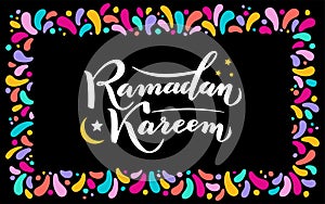 Vector illustration. Islamic Ramadan Kareem greeting gold lettering text, moon, festive colorfull square frame. confetti