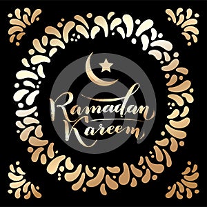 Vector illustration. Islamic Ramadan Kareem greeting gold lettering text, moon on night black background, round frame