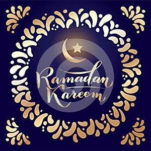 Vector illustration. Islamic Ramadan Kareem greeting gold lettering text, moon on night blue background, round frame