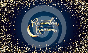 Vector illustration. Islamic Ramadan Kareem greeting isolated gold lettering text, moon, stars on night blue background