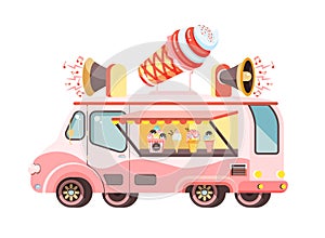 Vector illustration isolated car with refrigeration unit, truck for sale and manufacture ice cream, vanilla, chocolate