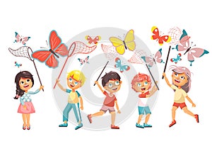 Vector illustration isolated cartoon character children, young naturalists, biologist boys and girls catch colorful photo