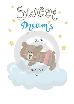 Vector illustration isolated cartoon cute bear girl sleeping on a cloud and lettering Sweet dreams