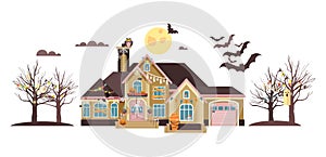 Vector illustration isolated cartoon house decorated pumpkins, skeletons celebrate holiday party Happy Halloween