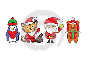 Vector illustration isolated on white background. Set of animals tiger, bear, penguin and Santa Claus.