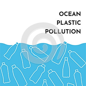 Vector illustration with isolated white outline icons of plastic bottles in the World ocean