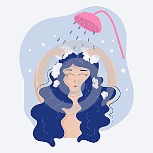 Vector illustration isolated woman washing her hair in the shower..