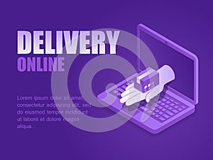 Vector illustration isometric hand with delivery postal package of laptop monitor landing page