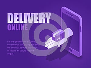 Vector illustration isometric hand with delivery postal package of smartphone screen landing page