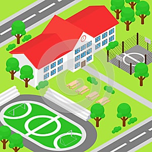 Vector illustration of isometric school and big green yard, playground, football ground, basketball ground, trees