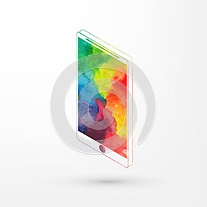 Vector illustration of isometric watercolor smartphone, rainbow paints. Modern smart phone